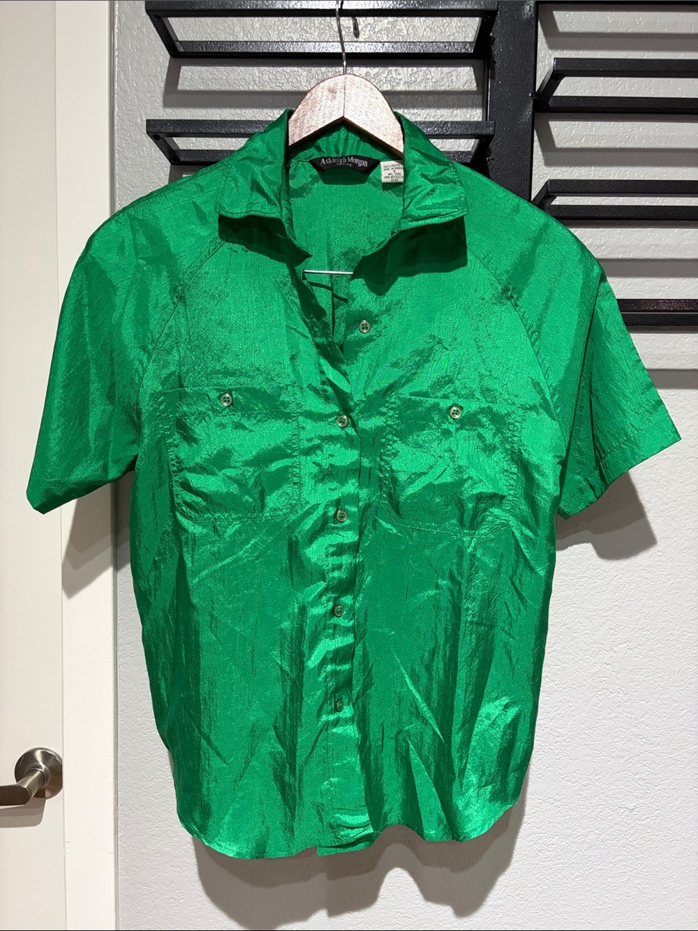 Vintage Ashleigh Morgan Petite S Emerald Green Shiny Blouse 80s 90s